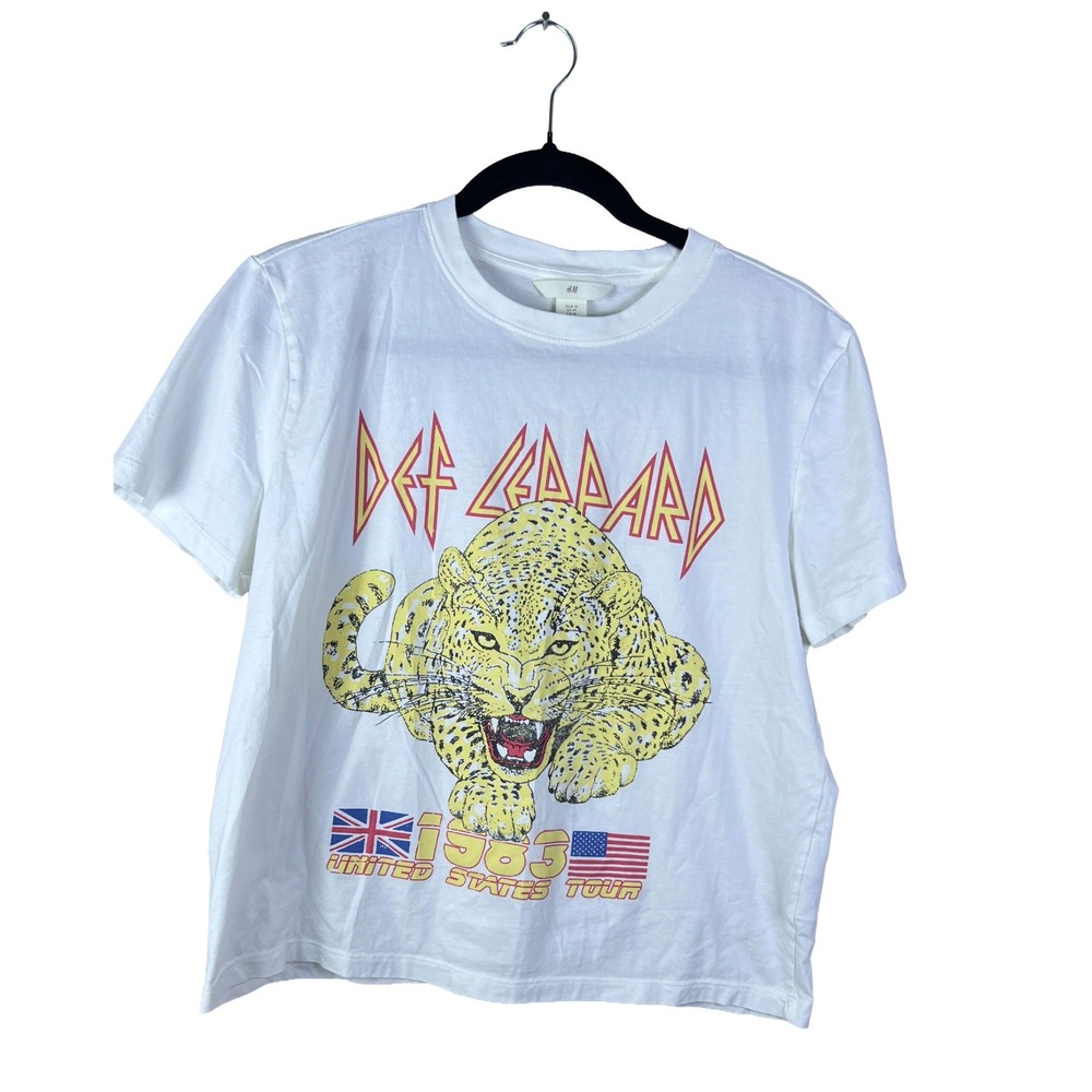 H&M Def Leppard 1983 Tour T-Shirt Women's Medium White Graphic Tee Rock Grunge
